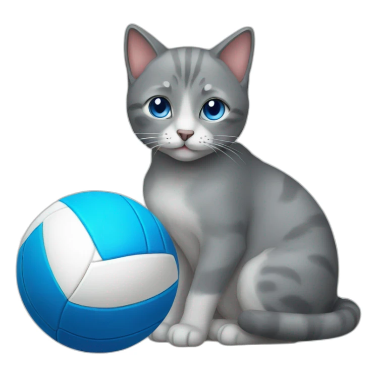 a gray cat with blue eyes and a volleyball sticker