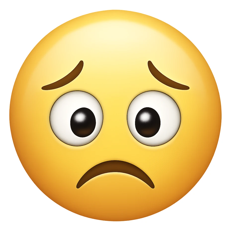 Make the disappointed face emoji look even more sad, with a deeper frown, more droopy eyes, and a more expressive sad emotion. The style should be classic emoji style with a transparent background. sticker