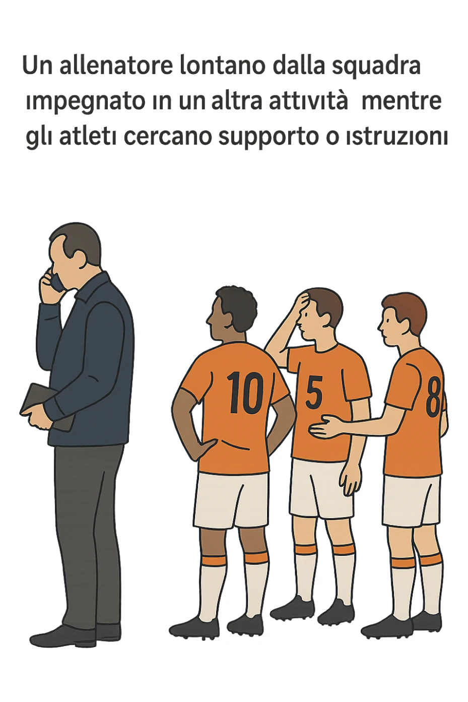 a coach is seen far away on the sidelines, partially turned away from the team or group, engaged in another activity (like reading, texting, or talking on the phone), while the athletes look toward them for support or instruction. The distance between coach and team is visually clear, symbolizing lack of presence. in italiano sticker