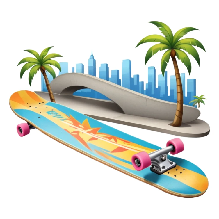 An icon featuring a skateboard resting on a smooth concrete surface. The background shows a sunny skate park with ramps, graffiti walls, and palm trees, creating an urban vibe. The skateboard is designed with vibrant colors and unique graphics. Transparent background  sticker