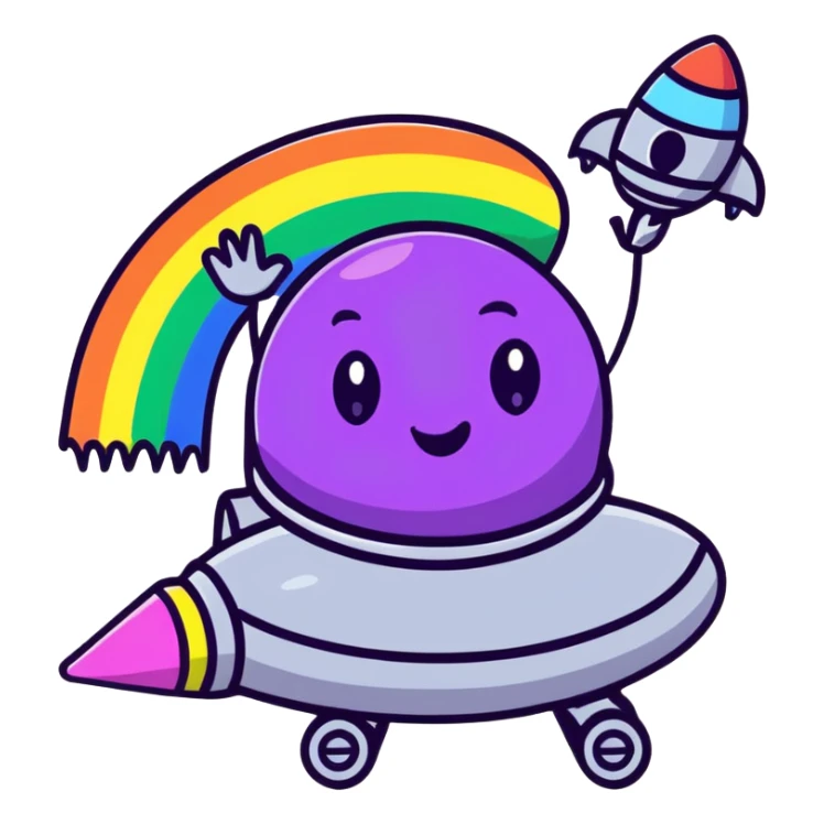 A cheerful rainbow crayon character waving while riding a silver UFO with glowing lights sticker