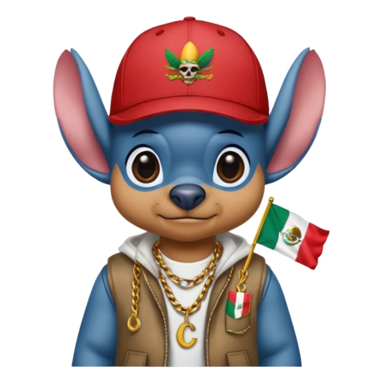 Crea un emogi de stich estilo reguetonero con una gorra con el nombre de Liam y la bandera de México en el pecho y lucho Blin blin sticker