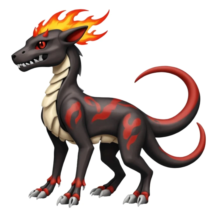 Skeletal Fiery Flaming Volcanic Draconic Cubone-Salandit-Houndoom-Houndour-Marowak-Poochyena-Litten-Fakémon-hybrid-creature (full body), 4 legs sticker