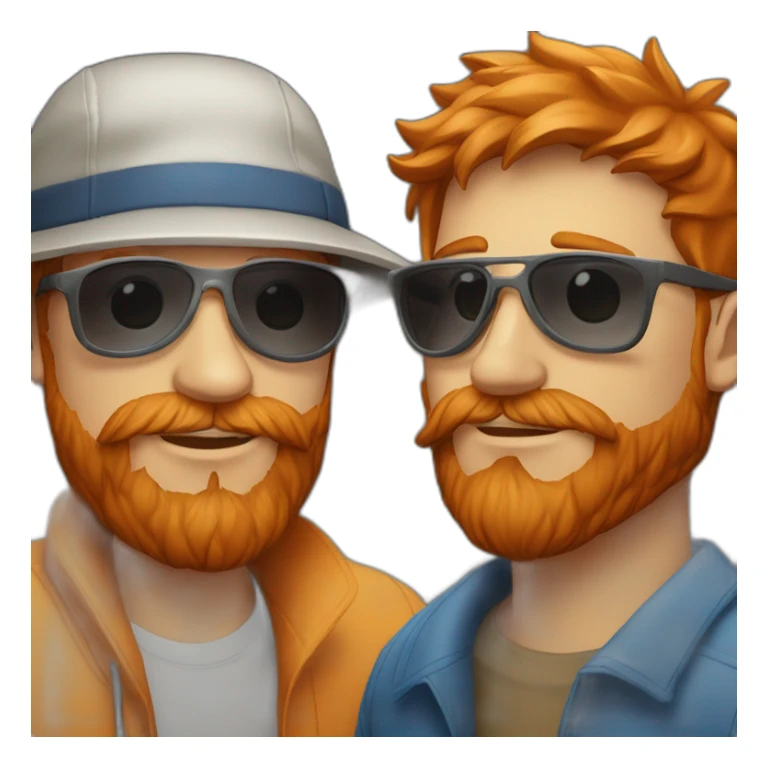 red haired man with beard wearing bucket hat and sunglasseshugging another person sticker
