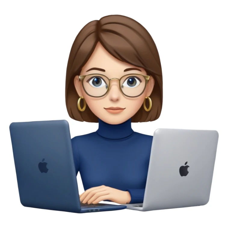 Female programmer with brown hair, navy blue turtleneck, gold hoop earrings, blue computer glasses, using laptop sticker