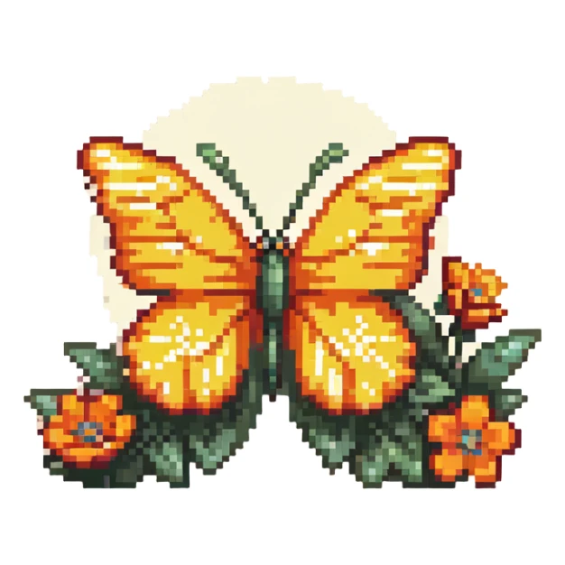 Blue smiling butterfly in springtime with pixel flowers and sunshine sticker