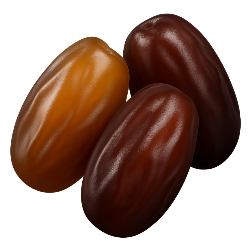 Show exactly two or three whole dates, glossy brown skin, slightly wrinkled, plump and soft, natural shape and color variation from deep amber to mahogany. Clustered together, no plate or extra elements, no faces. Clean 3D, soft shadows, transparent background, emoji scale. sticker