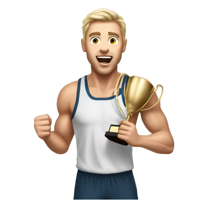 white male athlete is holding a winner trophy and yelling sticker