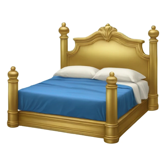 eighties bed with blue sheets and gold brass frame sticker