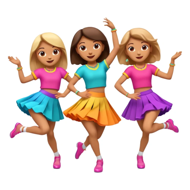 Three 3D cartoon dancers in colorful skirts kicking in rhythm, cheerful pose, bright studio background, Memoji-style. sticker