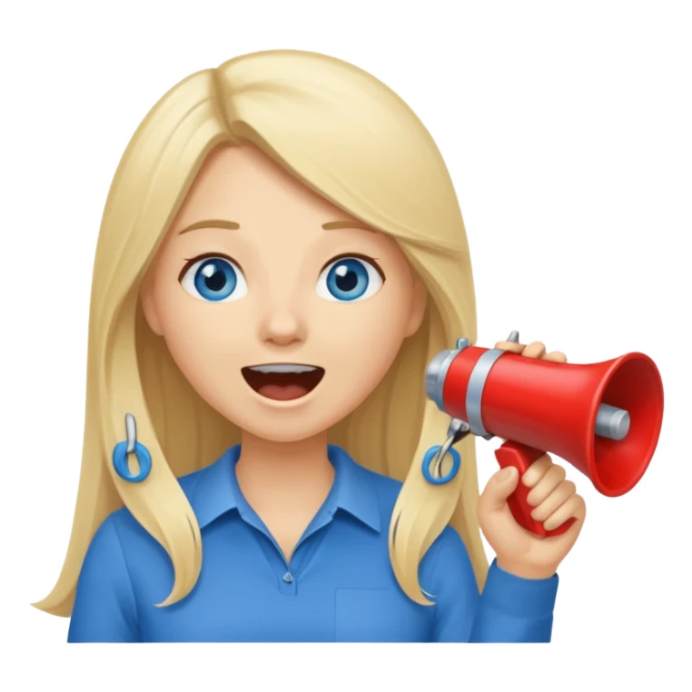 blue eyes blonde girl yelling into megaphone saying timeout long hair smiling sticker