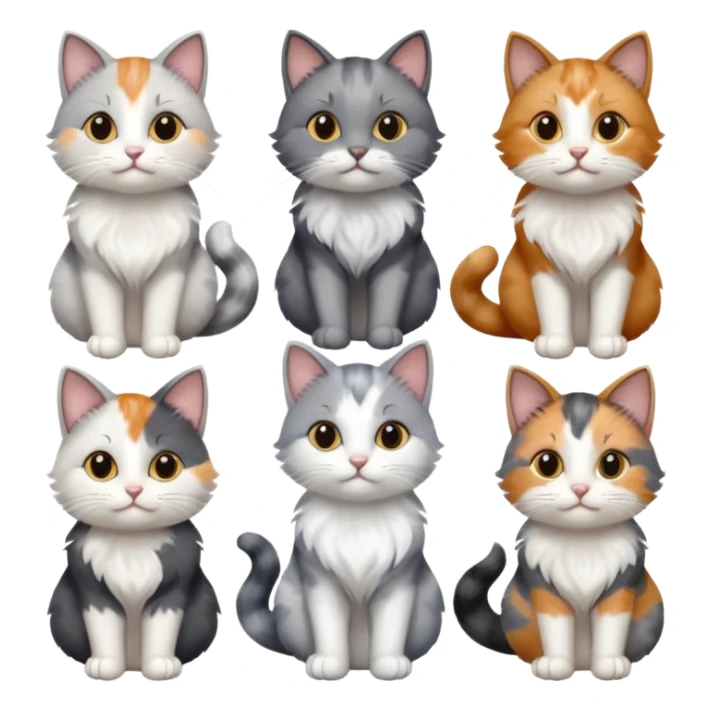 6 realistic looking cats with different natural coloured coats, assorted grey and white, greys, calico, brown and white colours etc
 sticker