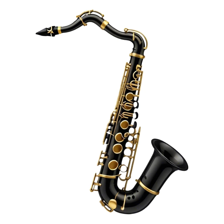 Create a detailed and unique emoji representing a black clarinet with a saxophone-style mouthpiece. The design should feature the sleek, dark wood finish of the clarinet, with its shiny metal keys clearly visible, but at the top, include the large, curved mouthpiece typical of a saxophone. The mouthpiece should have a reed, similar to the one used in a saxophone, with subtle details to indicate its function. Use dark wood tones for the body of the instrument and silver or brass accents for the keys. Add small musical notes or soundwaves around the instrument to evoke its smooth, melodic sound. The background should be transparent sticker