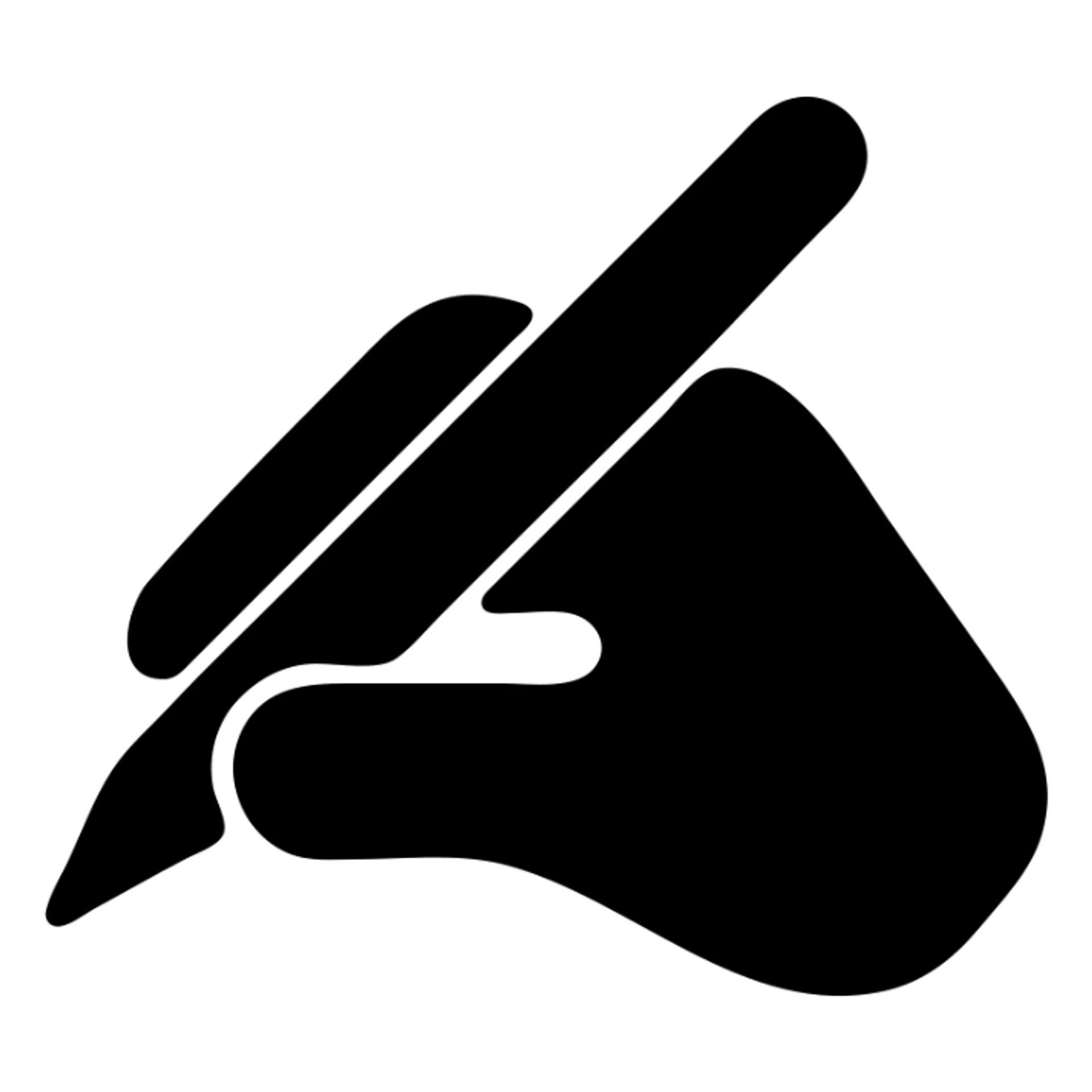 silhouette of a hand with a pen in writing pose, black fill, concise style, uniform line thickness sticker