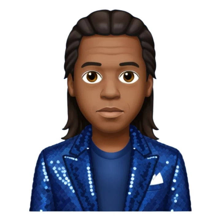 Jay-Z with long dark brown hair, dark blue sequin outfit sticker