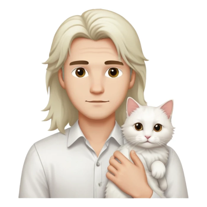 A young handsome Caucasian man in a white shirt holds a long-haired white cat sticker