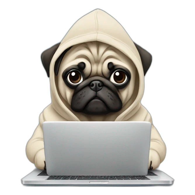 Pug wearing a hoodie and using a laptop sticker