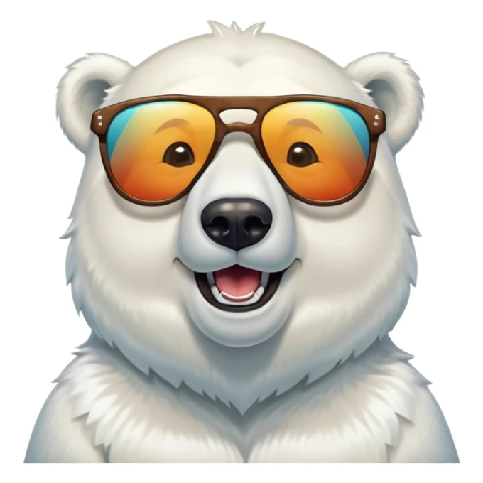 laughing polar bear headshot wearing a t-shirt and large multicolored extravagant glasses sticker