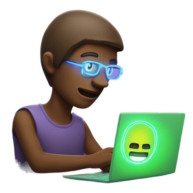 A person looking at a computer with neon-like fluorescent light shining on their face. sticker