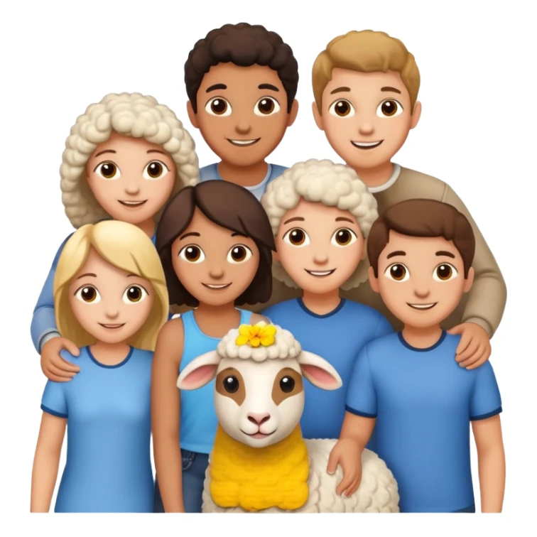 5 persons (3 girls and 2 boys) and a sheep sticker
