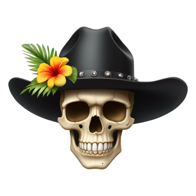 Realistic side view of a skull in a black cowboy hat on decorated with tropical flowers. sticker