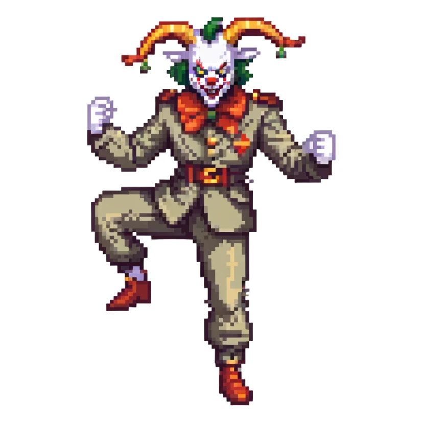 evil clown soldier with billy goat horns, fangs, pointed ears, leisure suit, fighting stance sticker