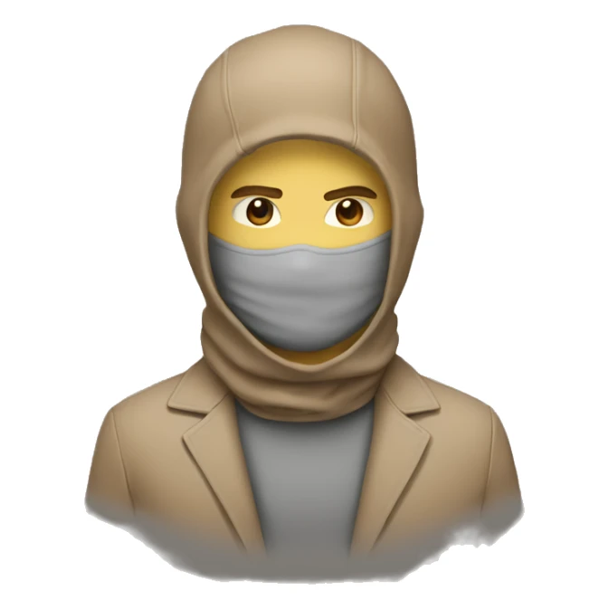 a guy with a light brown suit and a grey balaclava with "N." written on it sticker
