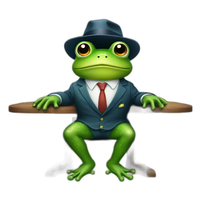 A frog wearing a suit looking straight sitting on a table and wearing a hat sticker