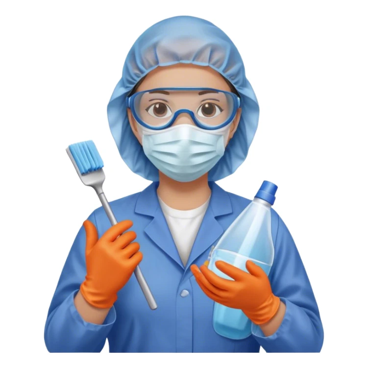 A meticulous cleanroom worker dressed in full protective gear, including a blue sterile suit, a face mask,  and orange gloves.  cleaning glasses with a wipe in one Hand sticker