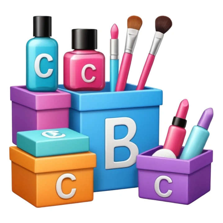 three boxes with "A", "B", "C" labels, inside those boxes there are some beauty products sticker