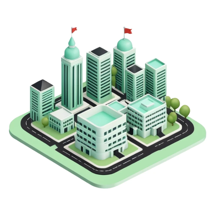 Collectivités Territoriales (Local Authorities), 3D techy icon with black and mint green (#B5F4D3) color scheme, regional map with administrative buildings sticker