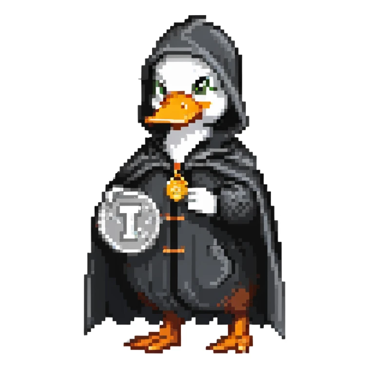 A cool duck in a black cloak with a silver coin sticker