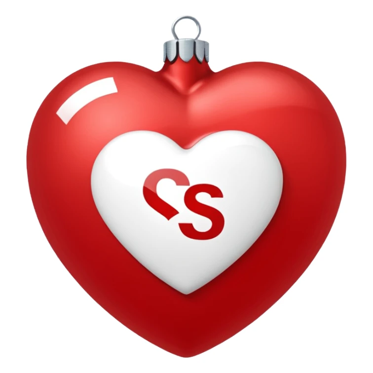 red Christmas heart-shaped ball with white "S" logo sticker