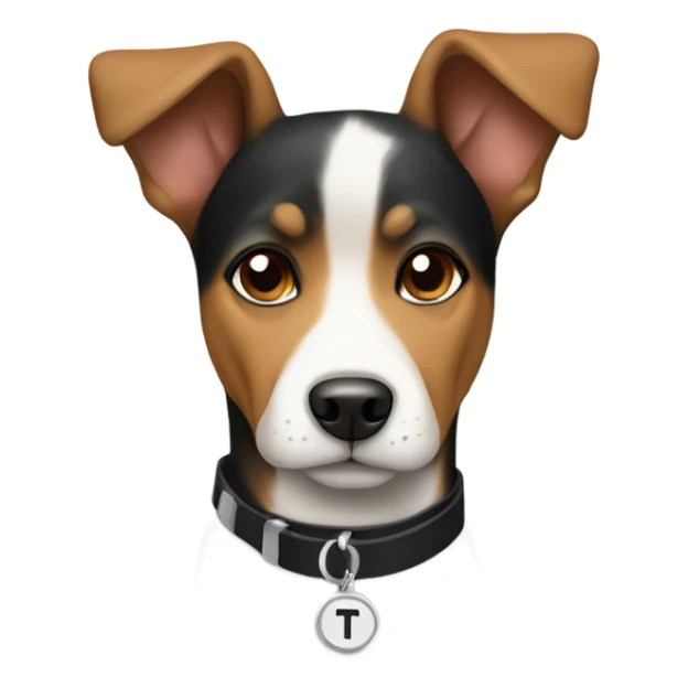 Black white and brown tri colored dog  wearing a T initial collar  sticker