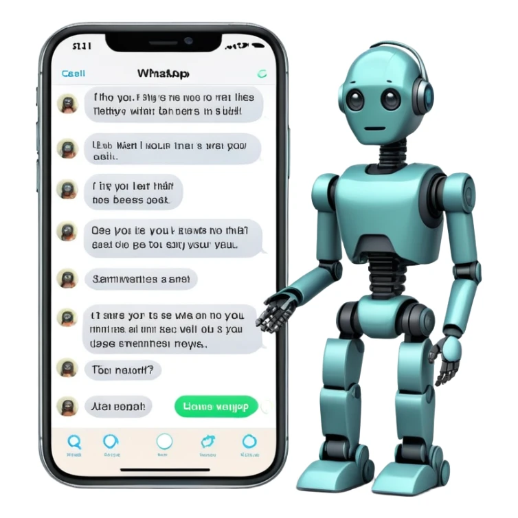 iPhone with WhatsApp chat screen showing a conversation with a robot or AI chatbot sticker