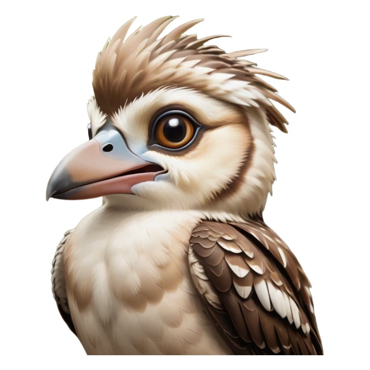 Cinematic Comical Kookaburra Portrait Emoji, Head tilted dramatically with an exaggeratedly amused expression, featuring a strikingly patterned brown and cream plumage with wide, expressive eyes filled with playful disbelief, Simplified yet hilariously expressive features, highly detailed, glowing with a slightly sassy glow, high shine, dramatic yet playful, stylized with an air of cheeky bushland mischief, bright and endearing, soft glowing outline, capturing the essence of a spirited and over‐the‐top kookaburra, so meme‐worthy it feels like it could cackle its way into internet fame instantly! sticker