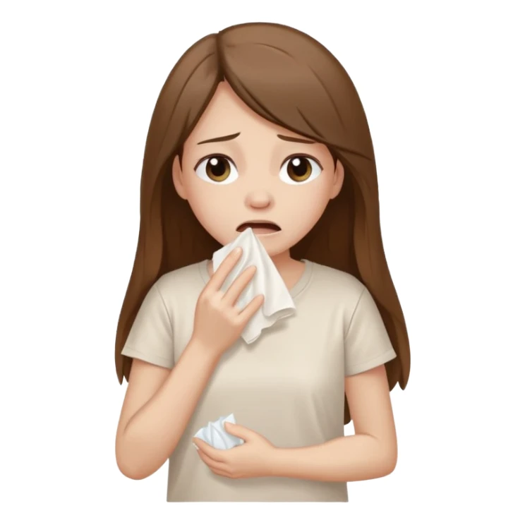 a pretty bratz fair girl crying in a loose oversized off white tshirt  with long brown hair with a tissue box sticker