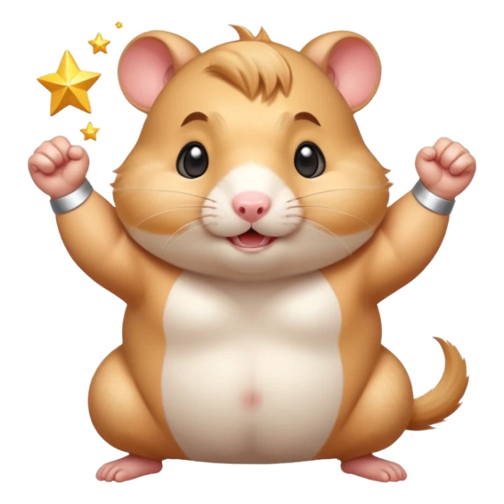 Cute chubby cartoon-style hamster flexing tiny arms like a bodybuilder, sparkles around it, triumphant expression. Painterly shading, white background, sticker-style illustration. sticker
