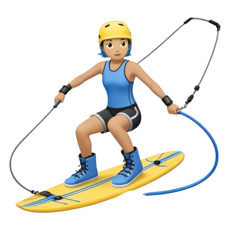 A person wakeboarding with one leg forward, the other bent for balance, leaning slightly back while holding a tow rope. Wearing a blue top, black shorts, gray boots, on a yellow board with small water splashes below. sticker
