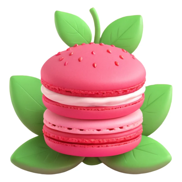 A strawberry macaron with a green leaf on top, in 3D iOS style, pastel pink and green colors, soft shadows, clean and minimalistic design sticker
