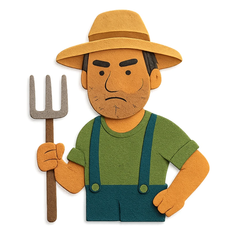 paper craft style illustration of a determined middle-aged farmer, sun-bleached face, black hair, stubble, green trousers, suspenders, green T-shirt, straw hat, holding pitchfork, warm golden-brown textured background, bold lines, vibrant earth tones, rural America sticker