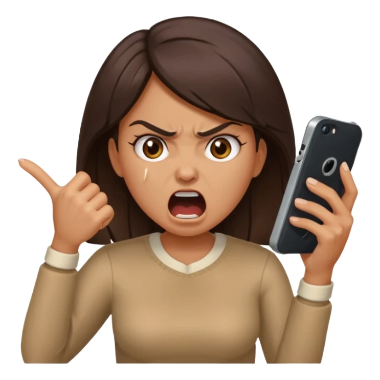 girl with an angry face shouting at her phone, dramatic, hands gripping device sticker