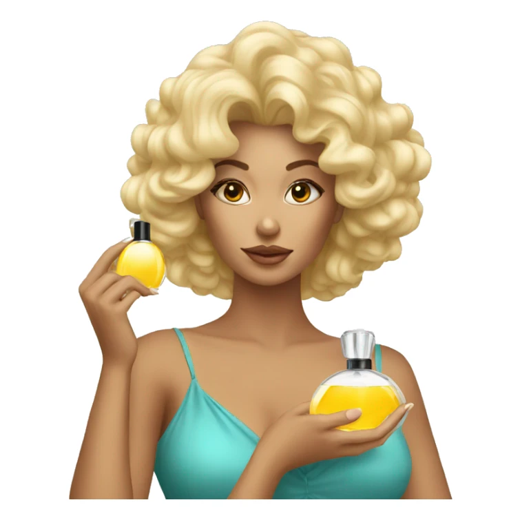 a blonde woman with big hair applying perfume sticker