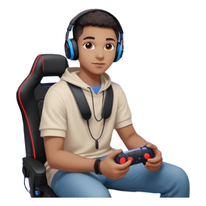 Black Muslim gamer sitting in a gaming setup with LED lights (red/blue), PS5 2025 controller in hand, confident pose, headphones around neck, posters and shelves in background, high-resolution portrait, crisp details, cinematic lighting. sticker