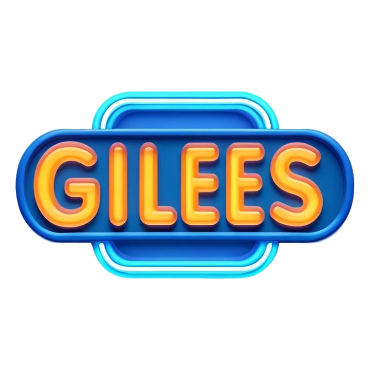 Blue neon sign with the word Giles sticker