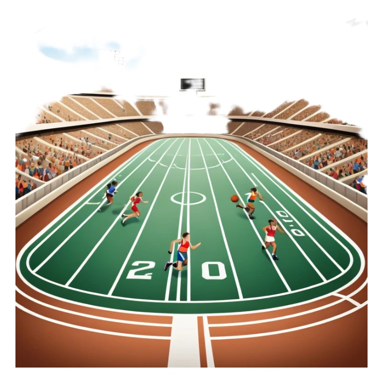 An icon featuring a stadium with cheering fans, a race track in the background, and athletes in motion. The scene includes a football, basketball, and running lanes, symbolizing the energy and excitement of live sports events. transparent background, it captures the thrill of competition. sticker