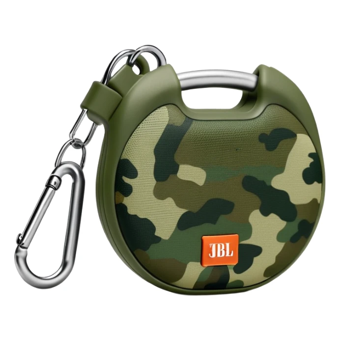 JBL Clip 4 bluetooth speaker with green camo pattern, minimalist iOS emoji style with carabiner clip sticker