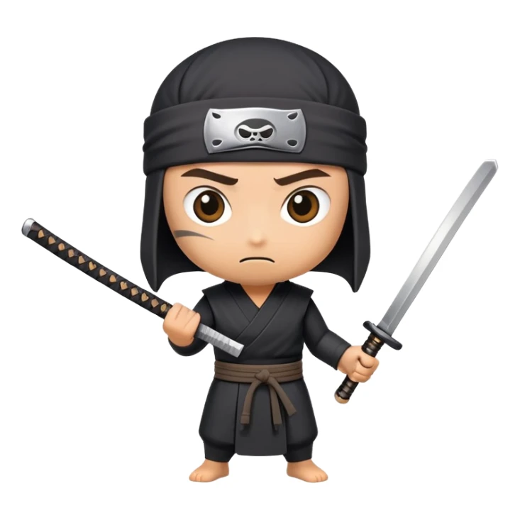 A takeout coffee cup with cartoon eyes, a ninja headband around its lid, and holding a katana in a battle stance sticker