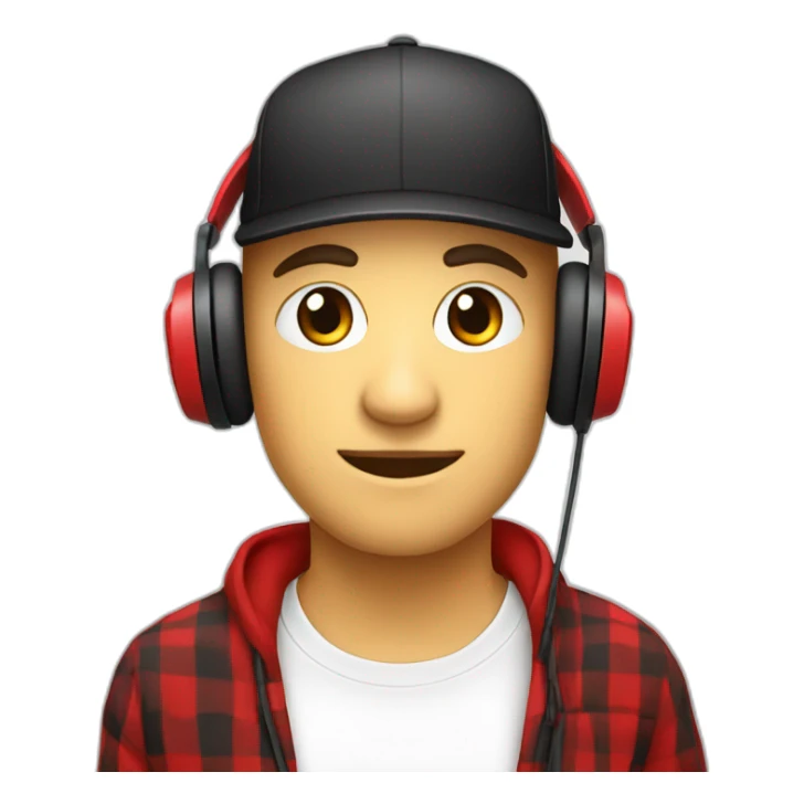 White Streamer wearing a back cap and red headphone with a shirt black and red squares sticker