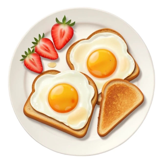 “Minimal emoji-style breakfast icon, flat design, rounded shapes, bright colors, white background, iOS emoji aesthetic, breakfast plate with toast, egg, and fruit sticker